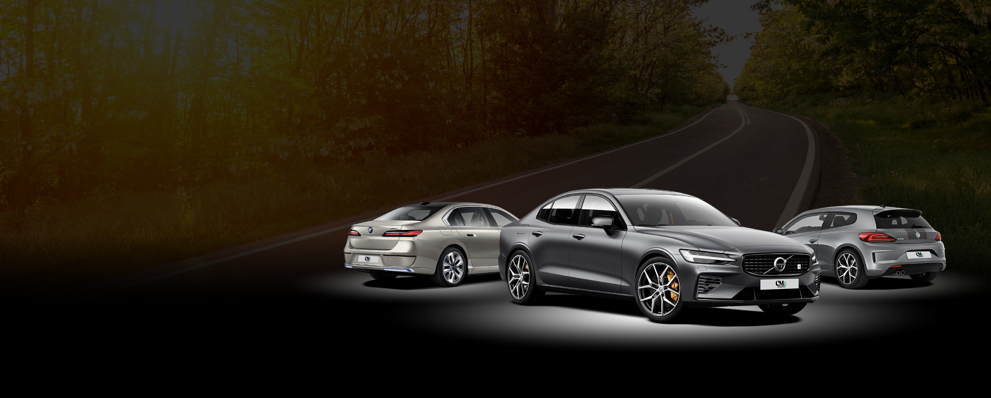 Three grey cars on the black background