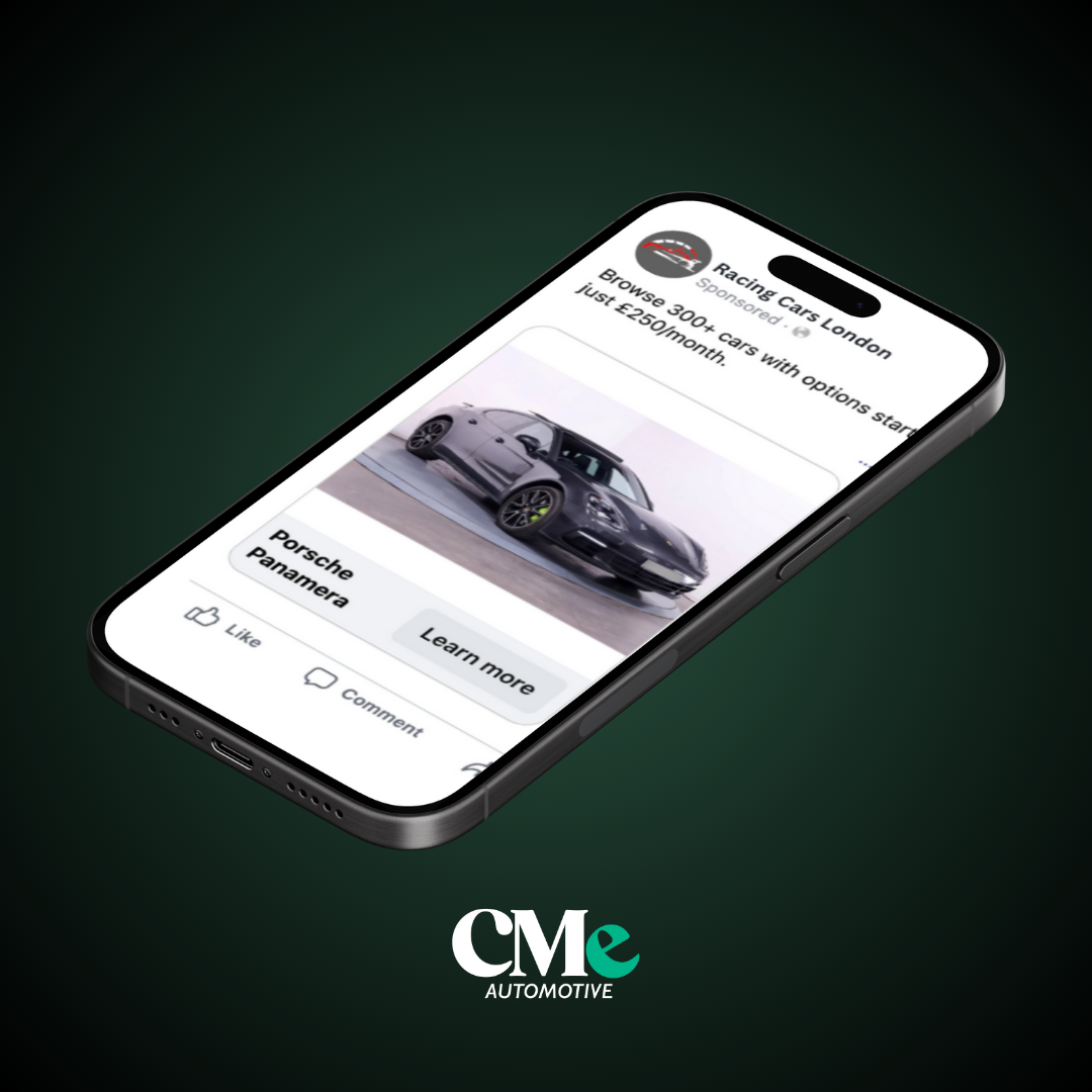 Meta stock feed ads mock up phone on a green and black background and a logo at the bottom