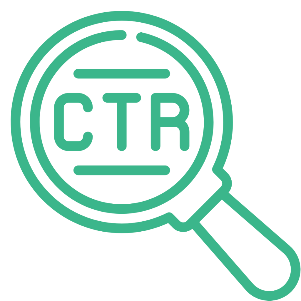 Green Click through rate icon in a magnifying glass