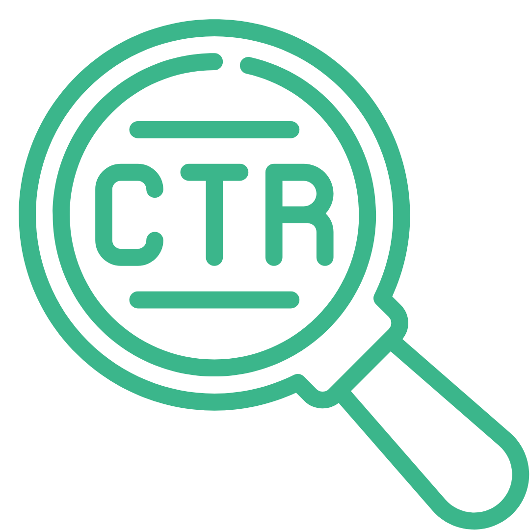 Green Click through rate icon in a magnifying glass