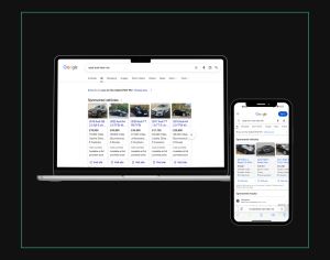 Mockups of a laptop and smartphone displaying Google search engine results for 'used cars near me' with vehicle ads